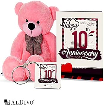 alDivo Happy 10th Anniversary Gifts of Soft Teddy Bear, Anniversary Key Ring and Anniversary Wishes Greeting Card (MKD10435)