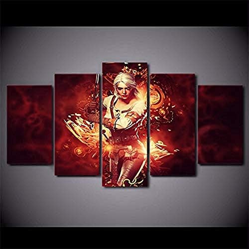 Modern Wall Art Canvas Hd Printed Oil Painting Movie Modular Poster 5 Pieces Witcher Wild Hunt Home Decor Pictures-60Wx32H(inch)