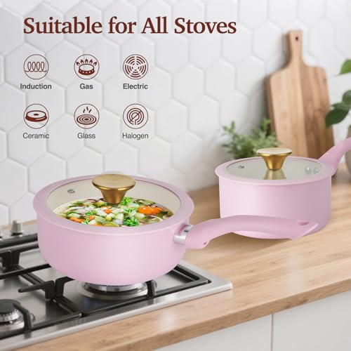 M MELENTA Pink Pots and Pans Set Non Stick, 11 Piece Non Toxic Ceramic Cookware Set, Induction Ready Kitchen Cooking Set with Cool-Grip Handles, PFOA & PTFE Free
