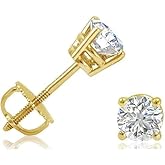 14K Yellow Gold Round Diamond Stud Earrings, 1/2 Carat Total Weight, Screw Back