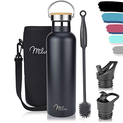 Milu Edelstahl Trinkflasche 500ml, 750ml, 1000ml (+3 Deckel) - Thermosflasche mit Strohhalm, Isolierte Wasserflasche, Auslaufsichere Isolierflasche doppelwandig, Kohlensäure geeignet (Schwarz, 750ml)