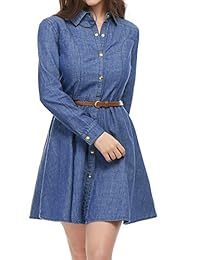 Vestido camisero de mezclilla acampanado de manga larga con cinturón y manga larga de Allegra K para mujer