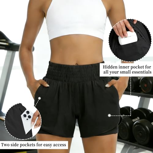 GOZINA Womens 2-in-1 Running Shorts with Phone Pocket, Lightweight Gym Yoga Ladies Sports Shorts for Running, Hiking & Training