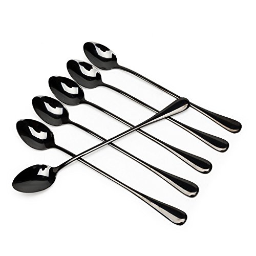 Long-handled ice tea spoon, cocktail stir spoons, stainless steel coffee spoons, black ice cream scoop Set of 6