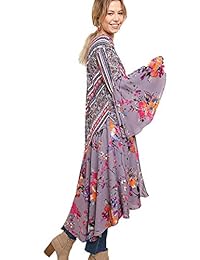 Umgee Kimono de cuerpo largo con volantes y estampado multicolor para dama