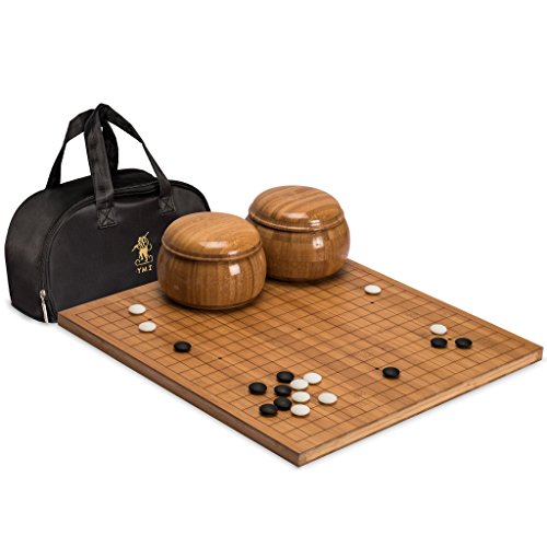 Go Game Set with Etched Bamboo Go Board (0.8 Inch Thick), Double Convex Yunzi Stones (Size 33) and Bamboo Bowls