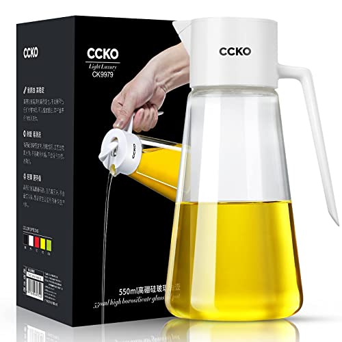 CCKO Glass Olive Oil Dispenser Bottle 19oz Olive Oil Bottle for Kitchen, Auto Flip Drip Free Cooking Oil Dispenser for Soy Sauce, Syrup, Vinegar, Salad Dressing Container (White)