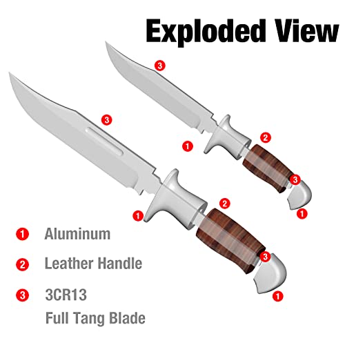 Flissa 2-piece Bowie Knife with Sheath, Fixed Blade Hunting Knife with Leather Handle for Outdoor, Camping, Survival, Hiking