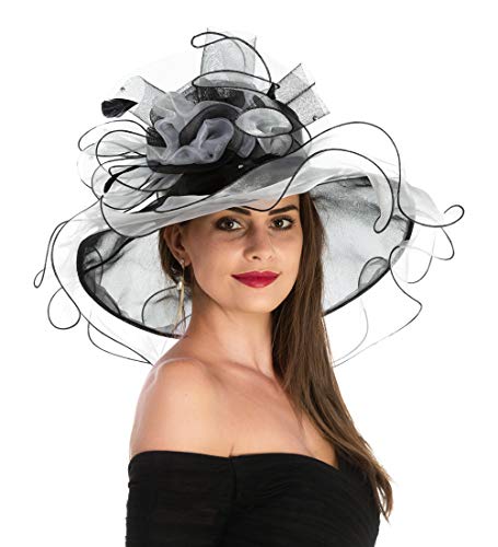 Women's Organza Church Kentucky Derby British Fascinator Bridal Tea Party Wedding Hat Summer Ruffles Cap Detachable as Fascinator(F1-White Black Flower)