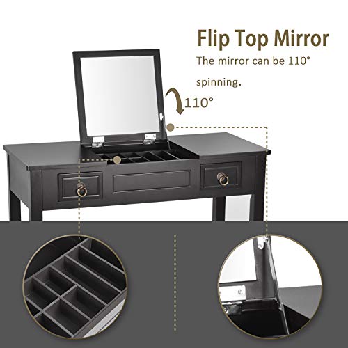 Vanity Set with Flip Top Mirror and Cushioned Storage Stool Bench Makeup Dressing Table Study Writing Desk with 2 Drawers Stool 3 Removable Organizers in Black