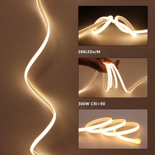 BENLUN 220 V COB LED Strip Waterproof 30 m, 3000 K Warm White Flexible Cuttable LED Strip 300 W CRI 90+ Without Transformer, for Bedroom, Gaming, Office, Outdoor Pergola