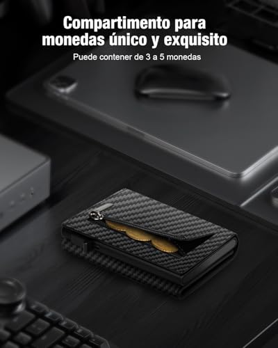 Men's Wallet, Card Holder with Magnetic Closure & Coin Pocket & RFID Blocking, Small Pop Up Carbon Fiber Leather Wallets for 11 Cards, Coin Purse with ID Window