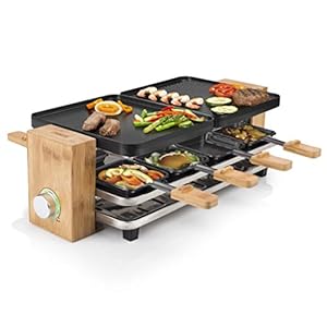 Princess Raclette Grill in Bambusausführung – für bis zu 8 Personen, 1200 Watt, regelbare Thermostat, Aluminiumguss…