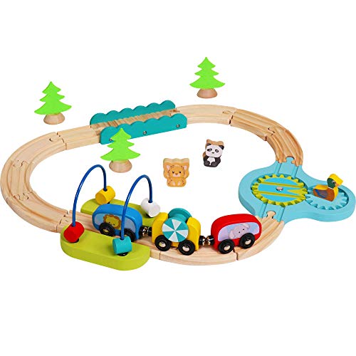 Vesta Baby My First Railway Train Set - 24 Piece Beginner Wooden Rail Activity Toy for Kids - Wood Double-Sided Compatible Tracks with Magnetic Trains, Age 18 Months 2 3 4 Years Old Toddler Boys Girls
