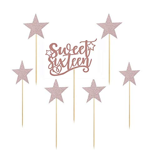 7 Pack Glittery Rose Gold Sweet Sixteen Birthday Cake Topper, Bling 16th Happy 16 Birthday Cupcake Decoration