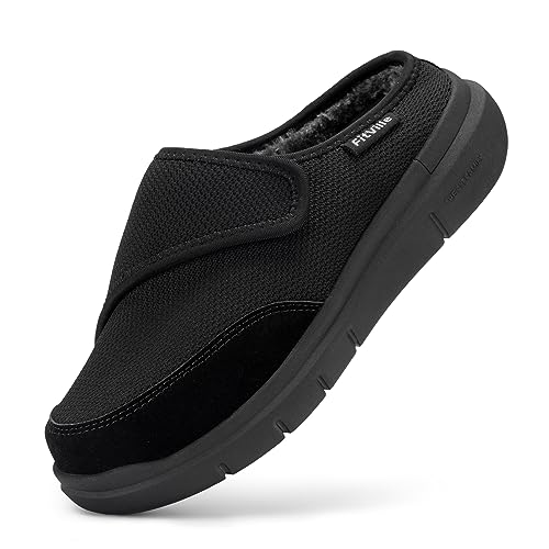 FitVille Men's Wide Diabetic Slippers Recovery Winter Clogs Warm Lined Mules with Arch Support