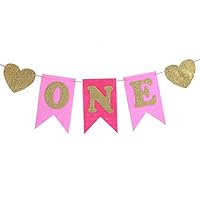 Lansian ONE Banner High Chair Girl Pink Decorations for 1st Birthday Burlap Glitter Gold for First Birthday Baby Party Supplies Baby Shower Party Decoration (Pink and Gold)