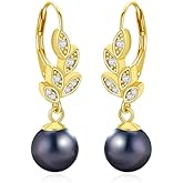 LOIPURI Pearl Dangle Earrings for Women - 14K Yellow Gold Plated Pearl Drop Earrings Leaf Cubic Zirconia Earrings 8mm Statement Drop Earrings Gifts for Brides Mom