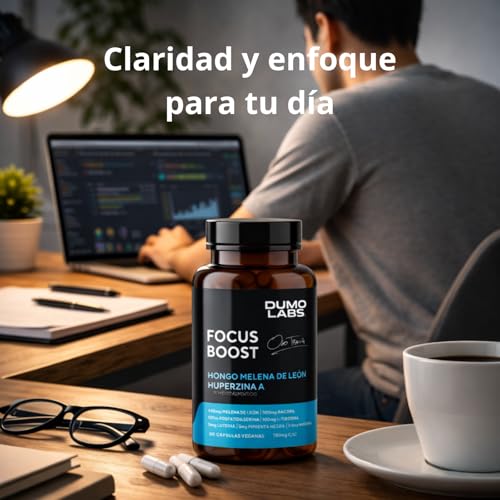 Dumo Focus Boost | Nootrópico Natural con Melena de León, Bacopa, Luteína, L-Tirosina, Pimienta Negra, Huperzina A, Fosfatidilserina | Apoyo a la Memoria, Concentración y Claridad | 60 Cápsulas Veganas sin Gluten | Formula Premium para 1 mes de Consumo.