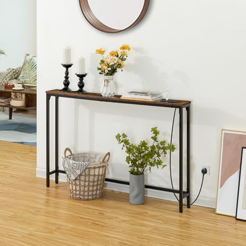 HOOBRO Extra Narrow Console Table with Power Outlets, 120cm Skinny Entryway Table for Living Room, Slim Console Table Behind Couch, Thin Sofa Table for Hallway, Foyer, Rustic Brown EBF15KXG01G1