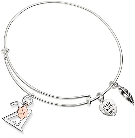 Enni of York Lucky Number 21 With Four Leaf Clover Charm Expandable Ani-Silver Bangle Bracelet
