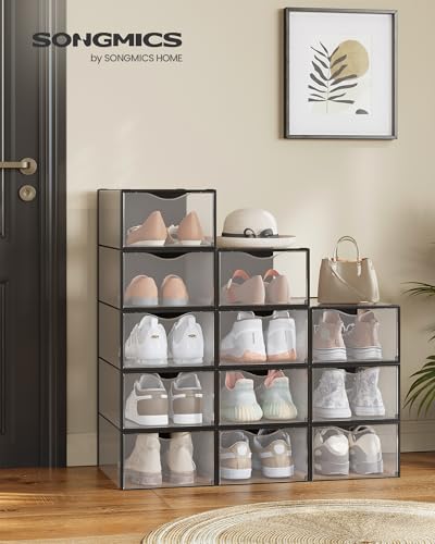 SONGMICS Cajas para Zapatos, Organizador de Zapatos de Plástico, Juego de 12, para Zapatos hasta 43, Transparente y Negro Tinta MLSP312B01
