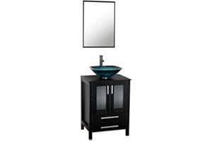 U-Eway 24 Inch Black Bathroom Vanity Square Tempered Glass Vessel Sink Combo 1.5 GPM Faucet Oil Rubbed Bronze Bathroom Vanity Top with Sink Bowl, 20-inch Deep and 30% Water Saving