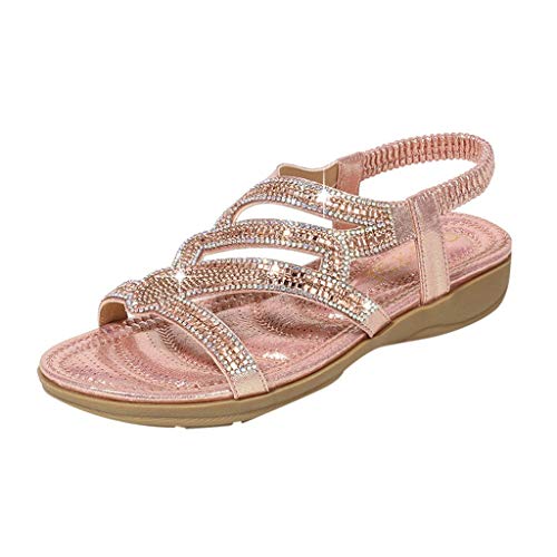 Women Flat Wedge Sandals Casual Bohemia Ankle Wrap Open Toe Crystal Shoes (US:8, Pink)