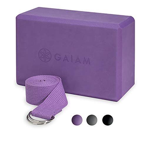 Gaiam Essentials Yoga Block + Yoga Strap Set, Purple