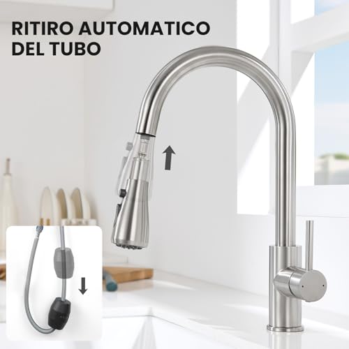 CECIPA Kitchen Sink Tap with 2 Types of Modes, Kitchen Mixer with Pull-Out Shower 40 cm, Stainless Steel Tap with Pull-Out Shower, 360° Swivel Mixer Tap