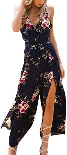 Women's Casual Halter Romper Off Shoulder Floral Backless Jumpsuit Wide Leg Playsuit Rompers by Quistal
