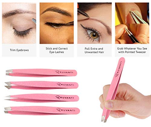 Ruvanti-4 Piece Professional Stainless Steel Tweezers Set - Eyebrow Tweezers, Slant tip, Pointed & Straight Best Precision Tweezers for Facial & Ingrown Hairs,Splinter & Hair.