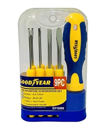 GOODYEAR 9 PC MULTI-PURPOSE COMBINATION SCREWDRIVER SET, Blue & Yellow (9 PC PACK) with HOLDER; SOFT GRIP HANDLE