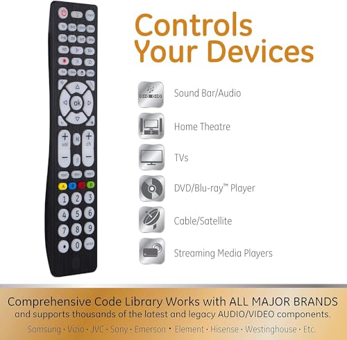 GE Backlit Buttons Universal Remote Control, Samsung TV Remote Control Replacement, Samsung Remote Control for Smart TV, Roku Remote Replacement, Vizio, LG TV, Sony, Apple TV, 8-Device, Black, 37123