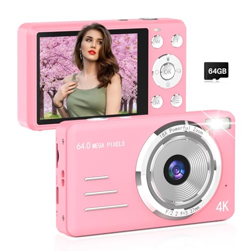 Digital Camera, FHD 4K 64MP Point and Shoot Kids Digital Camera with 64GB Card,18X Zoom, Anti Shake, Compact Small Cameras for Kids Gifts for Teens Girls Boys