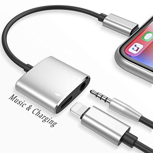 Headphone Adapter 3.5mm Jack Headphone Adapter for iPhone 7 7P Charger Adaptor 2 in 1 Conventer Cable for iPhone 8 8plus iPhone X Earphone Accessories with Music+Charge iPhone Headphone Adapter-Silver