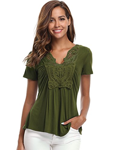MISS MOLY Women's Deep V-Neck Ruched Front Short Sleeve Ruffle Casual Tops Tunic Blouse Shirt (Large/US-14, Army Green)
