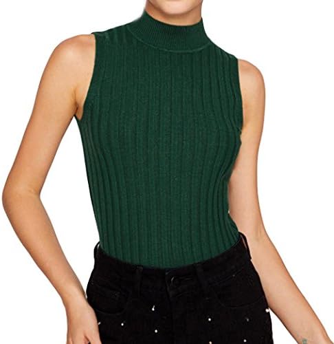 WOCACHI Women Blouse Sleeveless Elegant High Neck Tank Tops Ribbed Knit Casual Vest