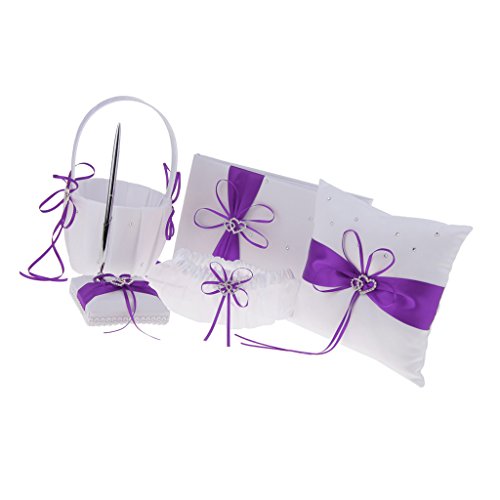 SunniMix Pieces of 5 Wedding Set Guest Book and Pen Stand Flower Girl Basket Ring Cushion Ring Holder Ring Bearer Garter Keepsake Memorial - Purple, as described
