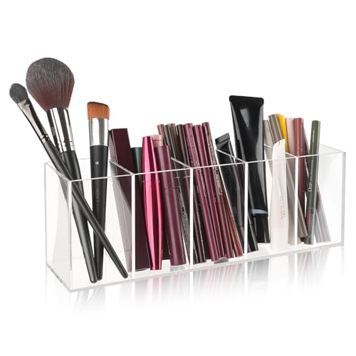 WINKIO Brush Holder with 5 Compartments, Acrylic Brush Holder, Clear Makeup Organizer, Large Capacity, Divided Storage, Multifunctional Cosmetic Organizer for Brushes, Eyeliners, Lipstick