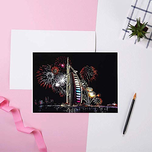 MIASTAR Scratch & Sketch Art for Kids & Adults, Rainbow Painting Night View Scratchboard(A4), Art & Craft, Scratch Art Set: 4 Sheets Scratch Cards & Scratch Drawing Pen, Clean Brush (City Fireworks) - Thumbnail 2