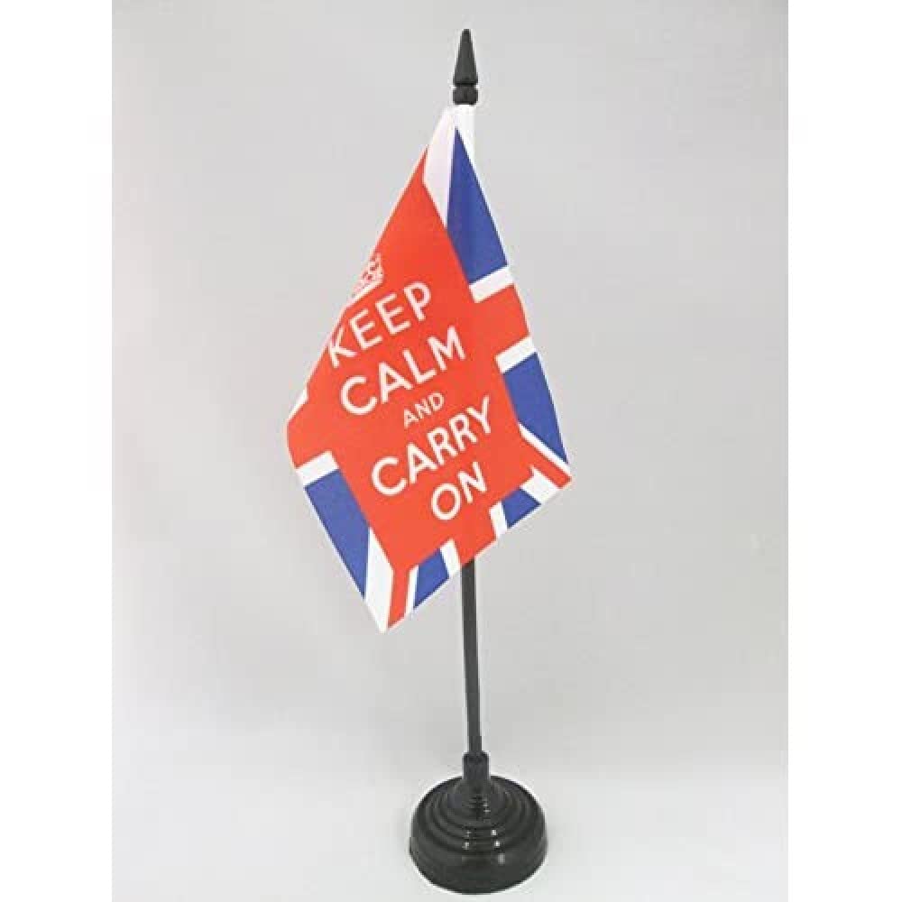 AZ FLAG - Keep Calm and Carry On UK Table Flag 4'' x 6'' - Union Jack Office Mini Banner 100% Polyester 15 x 10 cm - Mini Desk Flag with 10'' Pole and Black Plastic Base