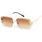 Street Knitted Rimless Luxury 90's Hip Hop Square Gem Cut Summer Beach Sun Glasses Retro Brown Orange Tint Shades Gold Wire Metal Frame Rectangular Diamond Cut Lens Frameless Sunglasses For Men Women
