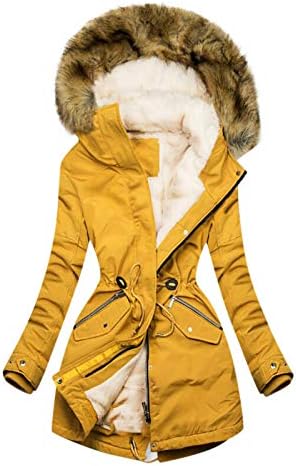 womens mustard coats with big fur hoods