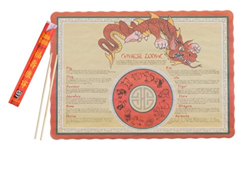 Combo Chopsticks and Placemat, Set wit 50 9" Premium Disposable Bamboo Chopsticks, Sleeved, Separated with 50 Chinese Zodiac Paper Placemats Place mat for Chinese events disposable - Thumbnail 3