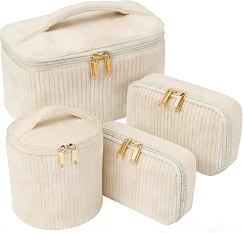 Last page® Cosmetic Bags Set, 4PCS Corduroy Cosmetic Storage Bag, Women's Makeup Bag Set, Travel Toiletry Bag, Makeups Organizer with Zipper, Perfect for Travel, Daily Organization