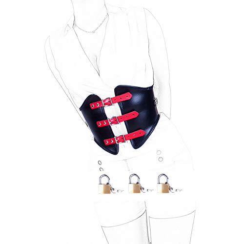 Sexy Punk Bustiers Integrated Strap-on Lockable Adjustable Waist Belt Soft Leather Tight Corset, BDSM for Adults Sex Toys, Cosplay Restraint Training Toy (Padlock 3 Pieces)