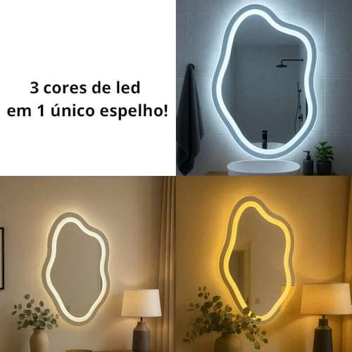 Espelho Orgânico 02 Jateado 3 Cores de LED e Touch Screen - Decorativo Lapidado Iluminação Luxo (50x80cm)