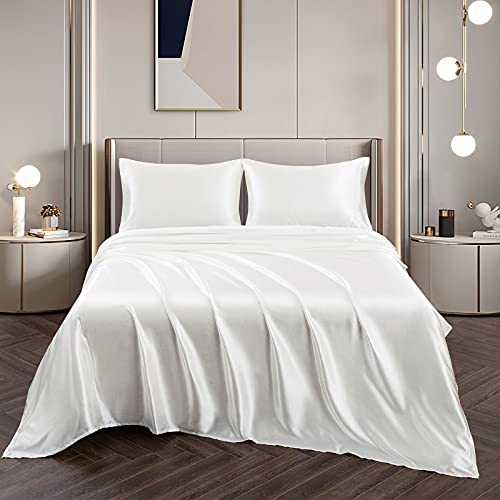 Vonty Satin Sheets Queen Size Silky Soft Satin Bed Sheets Ivory White