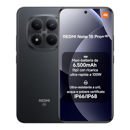 Redmi Note 15 Pro+ 5G, Smartphone 8+256GB, Batteria massiccia da 6500 mAh, IP66/IP68, Nuova fotocamera 200 MP, Display AMOLED da 6,83", Nero, Garanzia 2 anni, Caricatore non incluso
